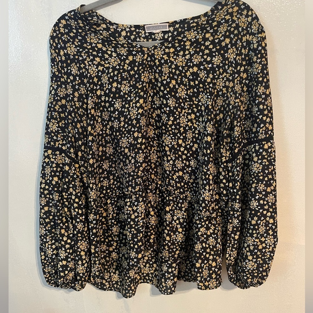Pleione size L ruffle blouse balloon sleeve dainty floral yellow prairie farm